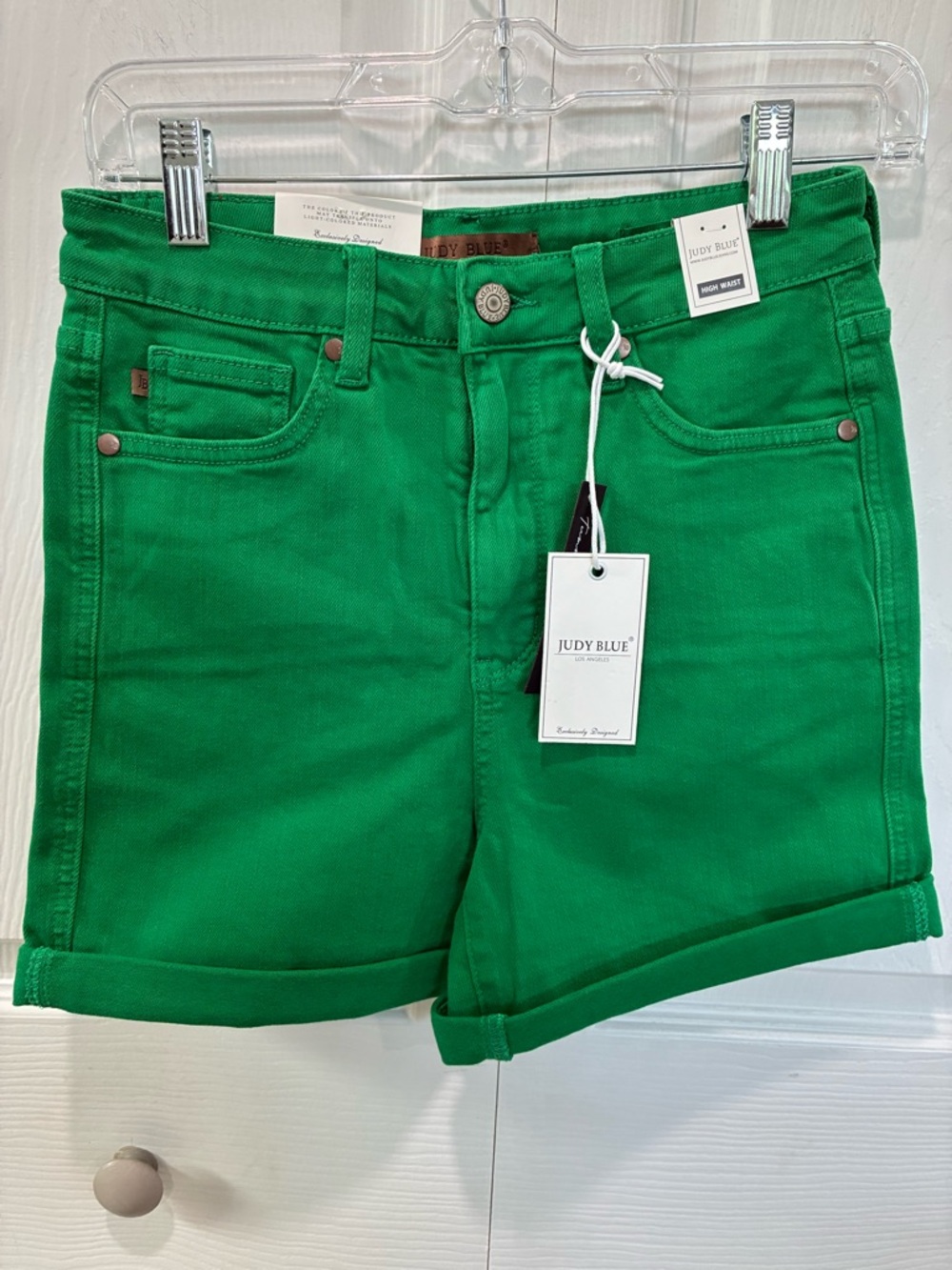 Judy Blue Bright Kelly Green High-Waist Rolled Hem Denim Shorts